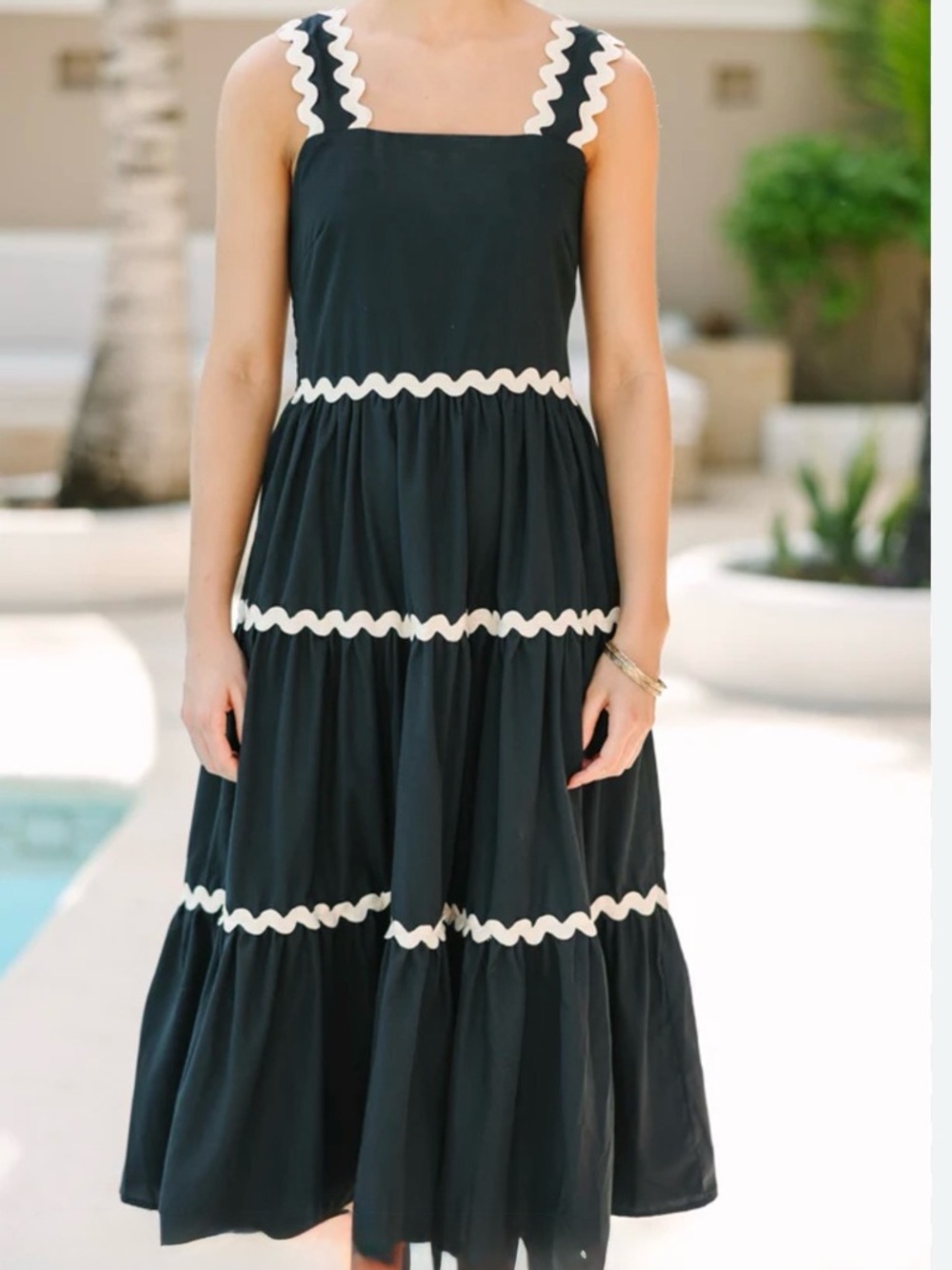 Black Maxi Dress with White Ric-Rac Trim - Sleeveless Tiered Style